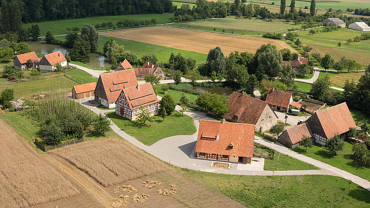 FFM_Baugruppe_Ost Fotoaufnahme eines Luftbildes der Baugruppe Ost. Die Häuser stehen in kleinen Gruppen und sind umgeben von Feldern, Wiesen und Bäumen. Im Hintergrund ist die weite Landschaft des Museums und der Umgebung erkennbar.
