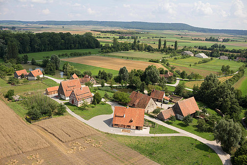 Fotoaufnahme eines Luftbildes der Baugruppe Ost. Die Häuser stehen in kleinen Gruppen und sind umgeben von Feldern, Wiesen und Bäumen. Im Hintergrund ist die weite Landschaft des Museums und der Umgebung erkennbar. 