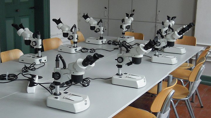 Fotoaufnahme eines Bodenlabors. Auf einer Tischgruppe befinden sich neun Mikroskope, die an Mehrfachsteckdosen angeschlossen sind. Vor jedem Mikroskop steht ein Holzstuhl. Im Hintergrund ist eine Schrankwand erkennbar. 
