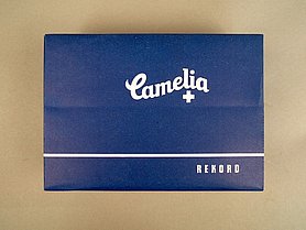 Die Packung ist blau. Auf ihr steht "Camelia". Die Schrift ist weiß. In der Packung sind Damenbinden.