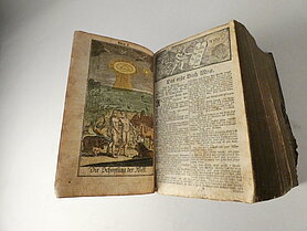 Die Bibel ist aufgeschlagen. Links ist ein Bild. Es zeigt Adam und Eva und die Schöpfung der Welt. Rechts beginnt das erste Kapitel der Bibel.