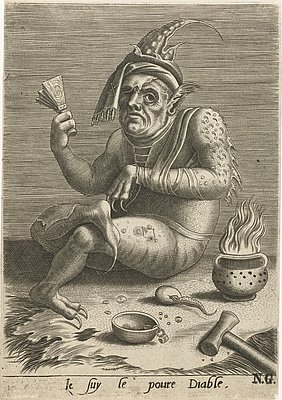 Kupferstich mit einem kleinen Teufel mit einer Warnklapper