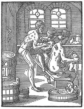 Bader beim Schröpfen. Holzschnitt aus Jost Amman´s „Eygentliche Beschreibung aller Stän-de auff Erden …“, erstmals Frankfurt am Main 1568