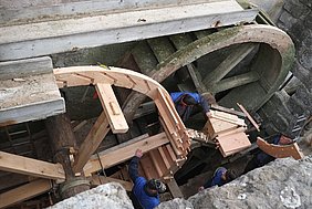 Abb. 5: Der Einbau des neuen Rads beginnt mit dem Einsetzen der drei Speichen in den Wellbaum. Er ist die Achse des Rads und überträgt die Bewegung auf die Mühltechnik im Gebäudeinneren. Wenn der erste Radkranz fertig aufsitzt, werden die Riegel- und