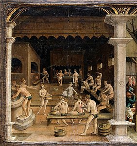 Hans Wertinger Badstubenszene: Im Vordergrund schröpft der stehende Bader die beiden sitzenden Männer. 1516 bis 1525, Germanisches Nationalmuseum, Foto Monika Runge