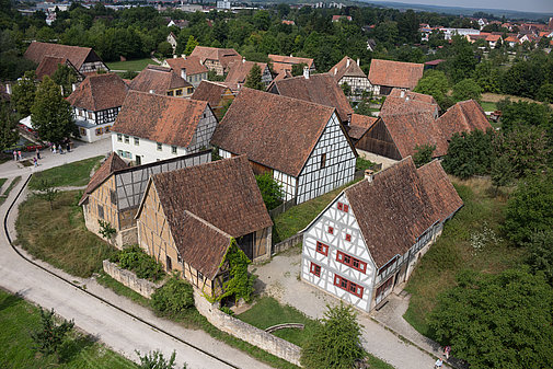 FFM_Mainfranken_Frankenhöhe_Luftaufnahme Fotoaufnahme des Luftbildes der Baugruppe West. Die Gebäude, zum Großteil Fachwerke, stehen nah beieinander und sind von Gärten, Wiesen, Bäumen und Wegen umgeben. Im Hintergrund sind die weitere Landschaft des Museums sowie Bad Windsheims erkennbar.