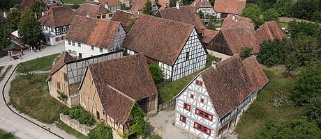 Fotoaufnahme des Luftbildes der Baugruppe West. Die Gebäude, zum Großteil Fachwerke, stehen nah beieinander und sind von Gärten, Wiesen, Bäumen und Wegen umgeben. Im Hintergrund sind die weitere Landschaft des Museums sowie Bad Windsheims erkennbar. 