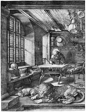 Hieronymus bei seiner Übersetzungsarbeit; auch der Löwe taucht hier auf