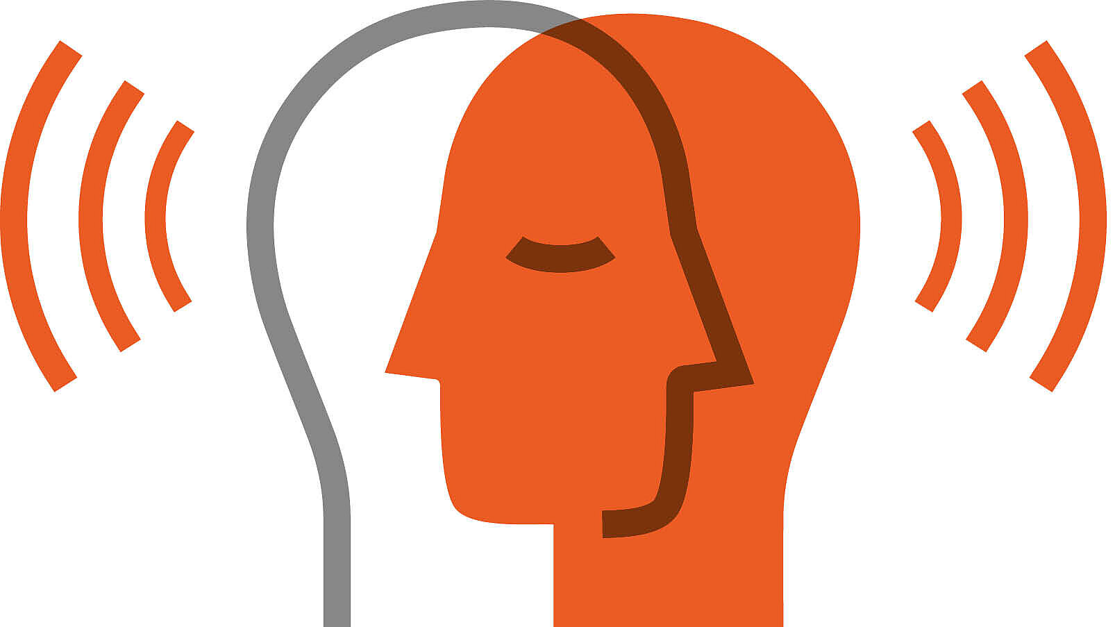 Zwei sich zugewandte stilisierte Kopfprofile mit Überlappung. Der eine Kopf hat nur eine Umrisslinie, der andere ist vollflächig orange gefärbt. auf beiden Seiten finden sich stilisierte Sprechwellen. Als Unterschrift steht "Dialog. Kultur und Demenz"