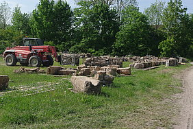 Sortierung der originalen Bauteile Fotoaufnahme der Sortierung der originalen Bauteile. Die einzelnen Sandsteinquader werden entsprechend ihrer späteren Position auf einer Wiese mit Hilfe eines Radladers von Manitou sortiert. Im Hintergrund stehen eine Reihe Bäume und Büsche.