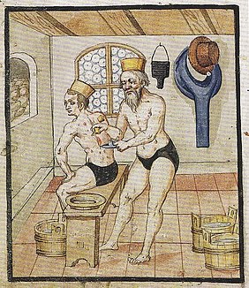Schröpfszene in einer Badstube, Abbildung aus den Hausbüchern der Mendelschen Zwölf-brüderstiftung 1612, Stadtbibliothek Nürnberg
