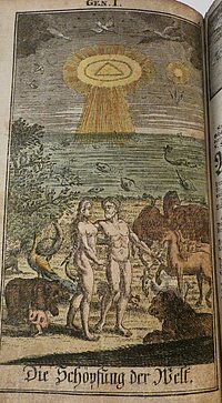 Das Bild zeigt einen nackten Mann und eine nackte Frau. Es sind Adam und Eva. Um sie stehen Tiere. Am Himmel ist das Zeichen Gottes.