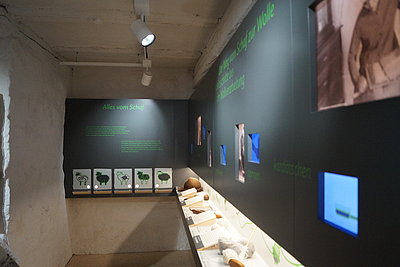 Ausstellungswand mit Wolle, Wollspindel, Filzhut und historischen Fotografien