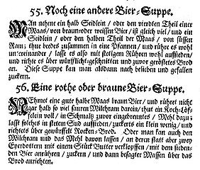 Zwei Rezepte für Biersuppen in „Vollständiges Nürnbergisches Kochbuch“, gedruckt 1691 Abbildung von zwei Rezepten für Biersuppen.