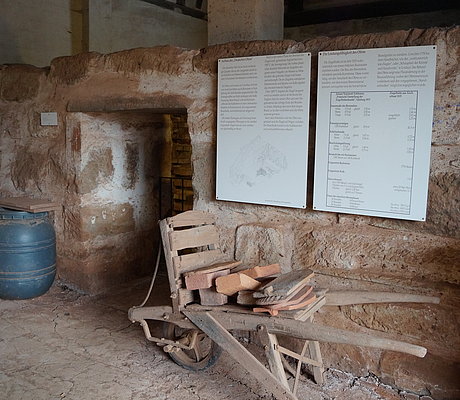 Mauer mit Ausstellungstafeln, davor ein Handlastenschubkarren