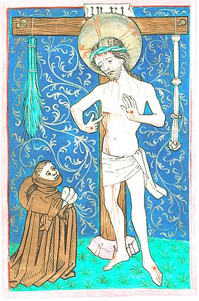 Ein Aussätziger in typischer Leprosentracht kniet vor Christus in Gestalt des Schmerzensmannes nieder. Zwischen den zum Gebet erhobenen Händen hält er die Lepraklapper. Christus weist auf seine von der Kreuzigung herrührende Wunde am rechten Brustkorb, für den Aussätzigen zum Trost, dass er selbst noch größeres Leiden hat erdulden müssen.