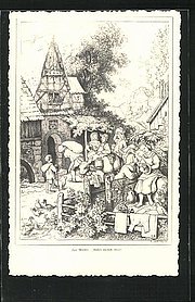 Zeichnung, unkoloriert (schwarz-weiß); vor einer Mühle kommen und gehen Menschen mit Säcken; im Vordergrund lehnt sich ein Mann über eine mittelhohe Holzwand, wendet sich einer Frau zu, die, auf einer Erderhöhung sitzend und sich scheinbar einem Blumenstrauß zuwendet, den sie in ihren Händen hält, an dessen Blüten sie zupft. 