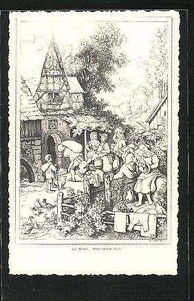 Zeichnung, unkoloriert (schwarz-weiß); vor einer Mühle kommen und gehen Menschen mit Säcken; im Vordergrund lehnt sich ein Mann über eine mittelhohe Holzwand, wendet sich einer Frau zu, die, auf einer Erderhöhung sitzend und sich scheinbar einem Blumenstrauß zuwendet, den sie in ihren Händen hält, an dessen Blüten sie zupft.