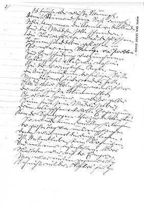 Gedicht von Anneliese Friedlein; Alte Synagoge Essen, Archiv Handgeschriebene Seite des Gedichts von Anneliese Friedlein