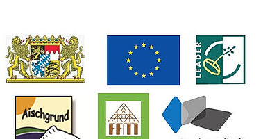 Abbildung der Logos bzw. Wappen von sechs Förderern. Gezeigt wird das Wappen des Freistaat Bayern, das der EU und die Logos von LEADER, Lokale Aktionsgruppe Aischgrund e.V., Fränkisches Freilandmuseum e.V. und Landesstelle für nichtstaatliche Museen in Bayern. 
