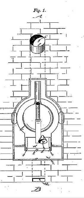 Die Lampe sitzt in einer Öffnung in der Mauer. Sie hat einen Lampenschirm. Sie leuchtet in den Ofen hinein.