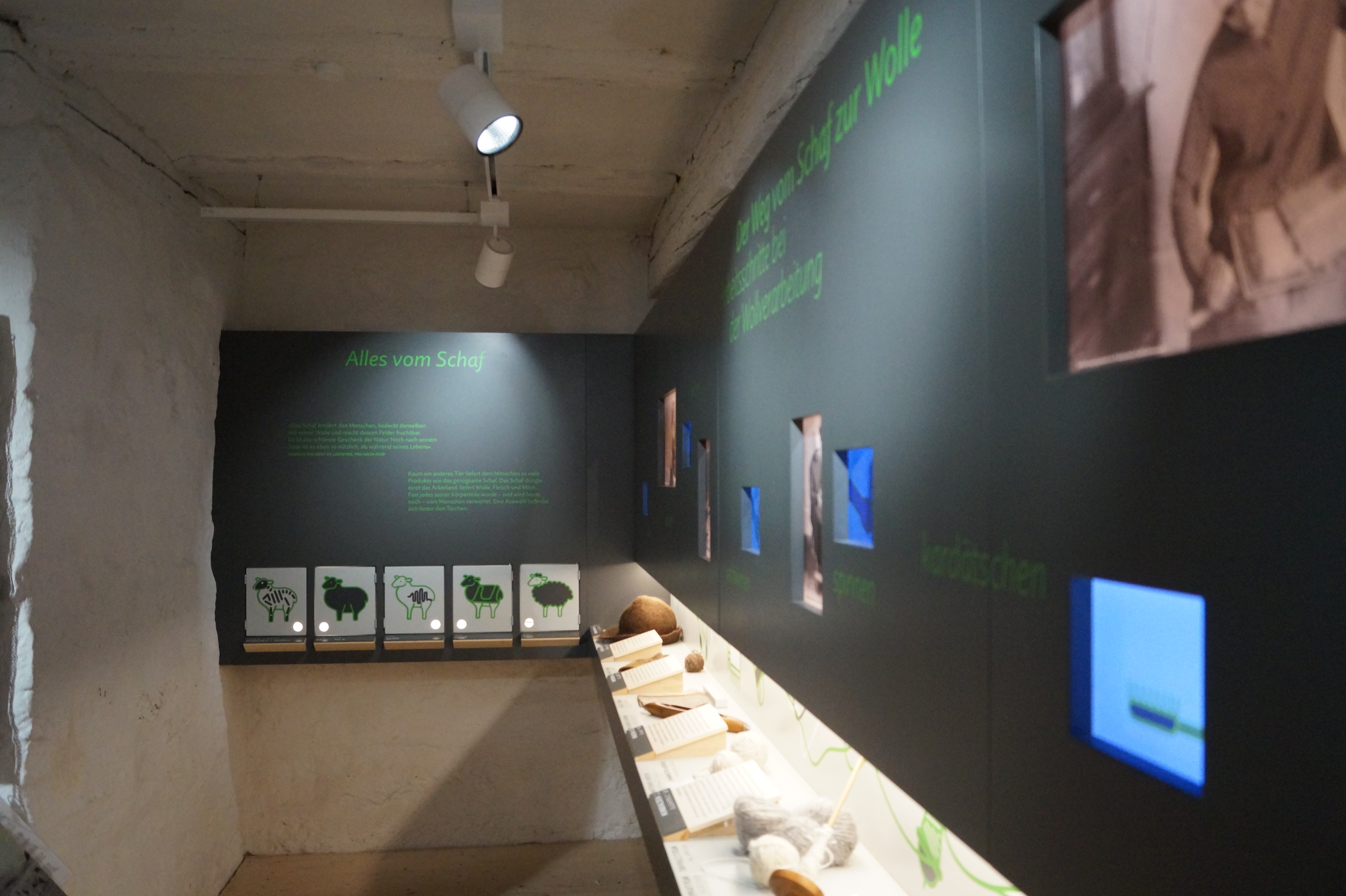 Ausstellungswand mit Wolle, Wollspindel, Filzhut und historischen Fotografien