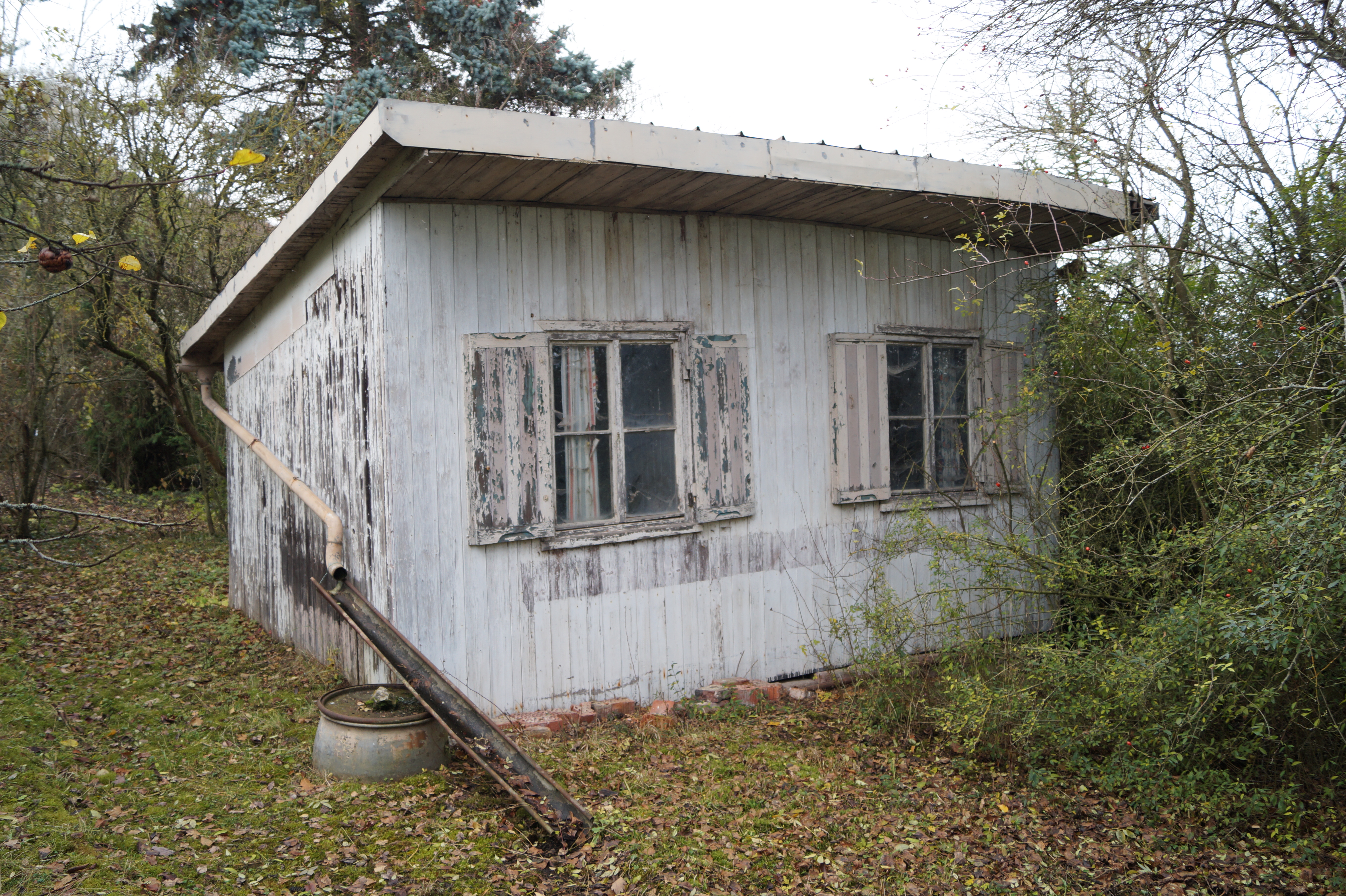 Das Haus ist klein und aus Holz. Es hat ein Pultdach. Vorne sind zwei Fenster.