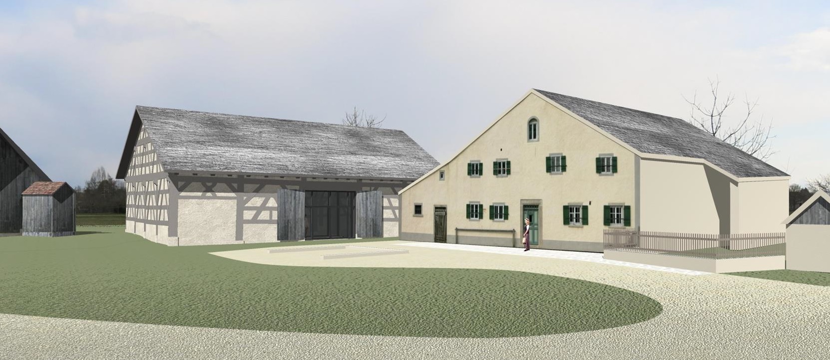 Der Hof besteht aus einer Scheune und einem Bauernhaus. Sie sind beige. Die Scheune ist aus Fachwerk. Auf den Dächern liegen Kalkplatten.