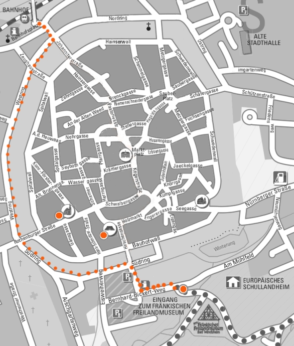 FFM_Anlaufplan Abbildung des Anlaufsplans, der den Weg vom Bad Windsheimer Bahnhof zum Eingang des Museums zeigt.