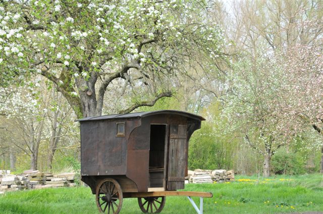 Fotoaufnahme des Wagens auf dem Erlebnisplatz in der Baugruppe Süd. Der überdachte Einachser erinnert mit seinem kleinen vergitterten Fenster und der Holztür stark an einen Gefängniswagen. Im Hintergrund stehen blühende Bäume. 