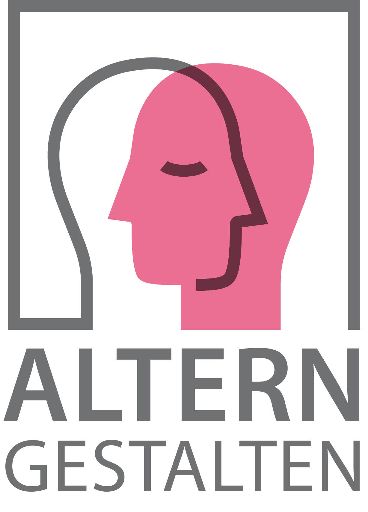 Zwei sich zugewandte stilisierte Kopfprofile mit Überlappung. Der eine Kopf hat nur eine Umrisslinie, der andere ist vollflächig rosa gefärbt. auf beiden Seiten finden sich stilisierte Sprechwellen. 
