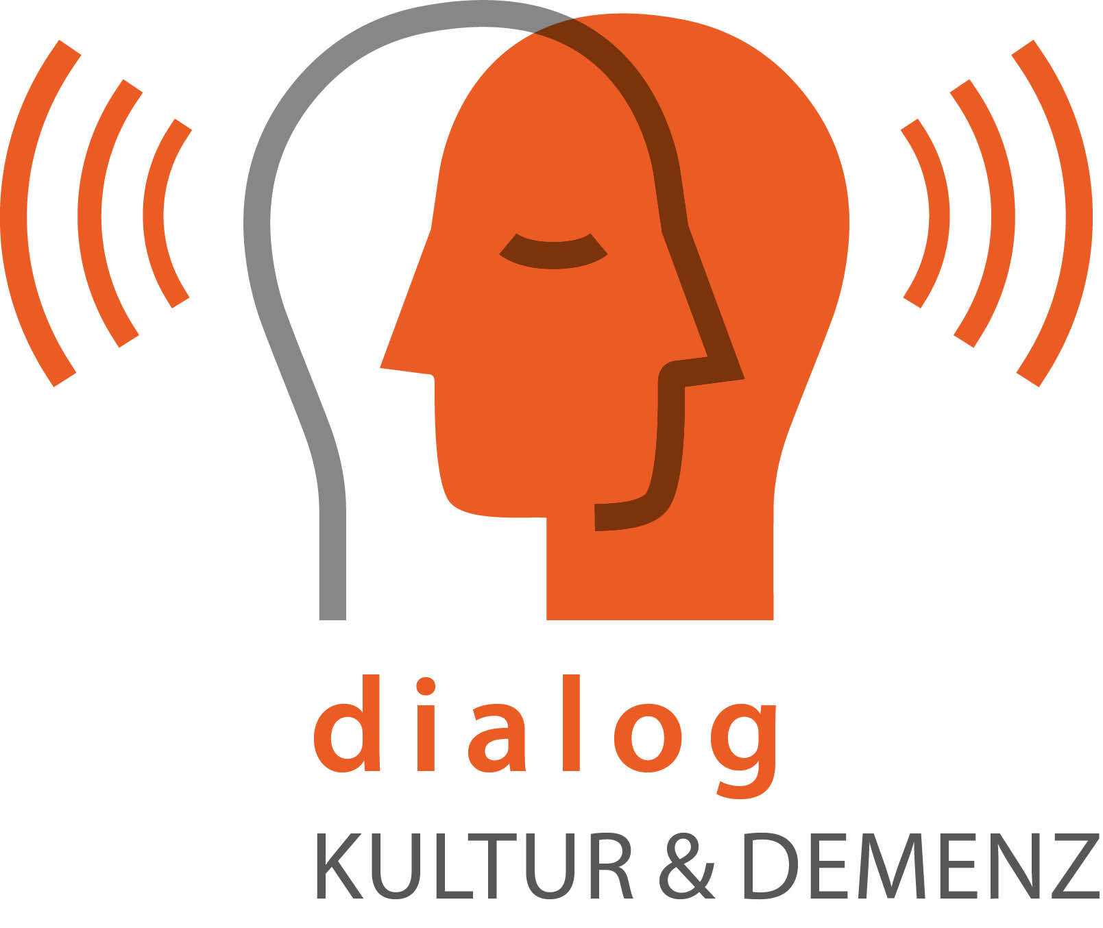 Zwei sich zugewandte stilisierte Kopfprofile mit Überlappung. Der eine Kopf hat nur eine Umrisslinie, der andere ist vollflächig orange gefärbt. auf beiden Seiten finden sich stilisierte Sprechwellen. Als Unterschrift steht "Dialog. Kultur und Demenz"